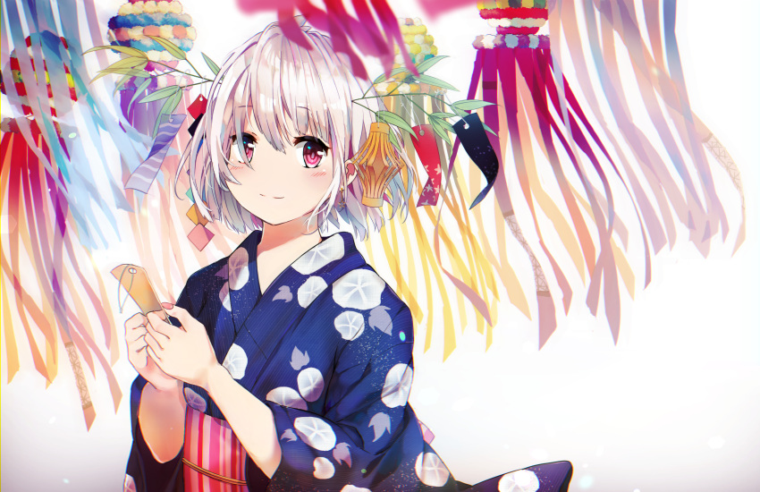 1girl bangs blue_kimono blurry blurry_background blurry_foreground blush closed_mouth commentary_request depth_of_field eyebrows_visible_through_hair floral_print gradient gradient_background grey_background hair_between_eyes highres holding japanese_clothes kimono looking_at_viewer obi original print_kimono red_eyes revision sash silver_hair smile solo soranagi_yuki striped tanabata tanzaku upper_body vertical_stripes white_background yukata