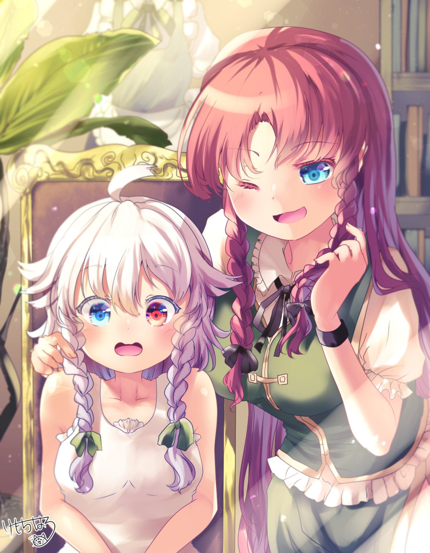 2girls ;d ahoge bangs bare_arms bare_shoulders black_bow black_neckwear black_ribbon blue_eyes blush bookshelf bow braid breasts chair commentary_request cowboy_shot eyebrows_visible_through_hair frilled_shirt_collar frills green_bow green_skirt green_vest hair_between_eyes hair_bow hand_up heterochromia highres hong_meiling indoors izayoi_sakuya kemo_chiharu light_particles light_rays long_hair looking_at_viewer medium_breasts multiple_girls neck_ribbon no_hat no_headwear one_eye_closed open_mouth plant puffy_short_sleeves puffy_sleeves red_eyes redhead ribbon shirt short_hair short_sleeves side_slit signature silver_hair skirt skirt_set smile standing tank_top touhou twin_braids upper_body very_long_hair vest white_shirt white_tank_top wristband