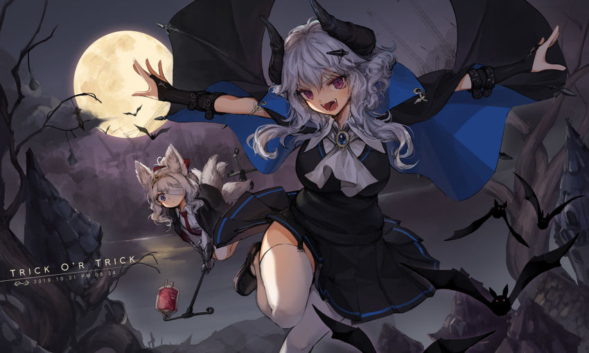 2girls animal_ears ascot bandage_over_one_eye bangs bat black_cape black_dress black_footwear black_gloves blood blood_bag blue_eyes blurry blurry_background cape dress english_commentary english_text fangs full_moon garter_straps gloves hair_between_eyes halloween highres horns jakoujika looking_at_viewer medium_hair moon multiple_girls necktie night open_mouth original outstretched_arms silver_hair tail thigh-highs violet_eyes white_hair white_legwear wing_collar