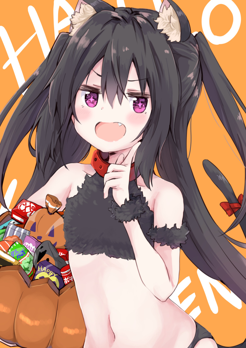 +_+ 1girl amano_kouki animal_ear_fluff animal_ears background_text bangs bare_shoulders black_hair black_panties bow cat_ears cat_girl cat_tail collar commentary_request eyebrows_visible_through_hair fang hair_between_eyes halloween halloween_basket hand_up highres index_finger_raised long_hair navel note-chan open_mouth orange_background original panties red_bow red_collar sleeveless solo tail tail_bow tail_raised two_side_up underwear upper_body very_long_hair violet_eyes