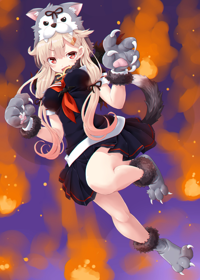 1girl :d animal_hood bangs black_ribbon black_skirt blonde_hair blush breasts claws dd_(ijigendd) eyebrows_visible_through_hair fang full_moon fur-trimmed_boots fur_collar fur_trim gloves hair_between_eyes hair_ornament hair_ribbon hairclip halloween halloween_costume highres hood hood_up kantai_collection large_breasts long_hair looking_at_viewer moon neckerchief open_mouth paw_gloves paw_shoes paws pleated_skirt red_eyes remodel_(kantai_collection) ribbon school_uniform shoes short_sleeves skirt smile solo tail wolf_hood wolf_paws wolf_tail yuudachi_(kantai_collection)