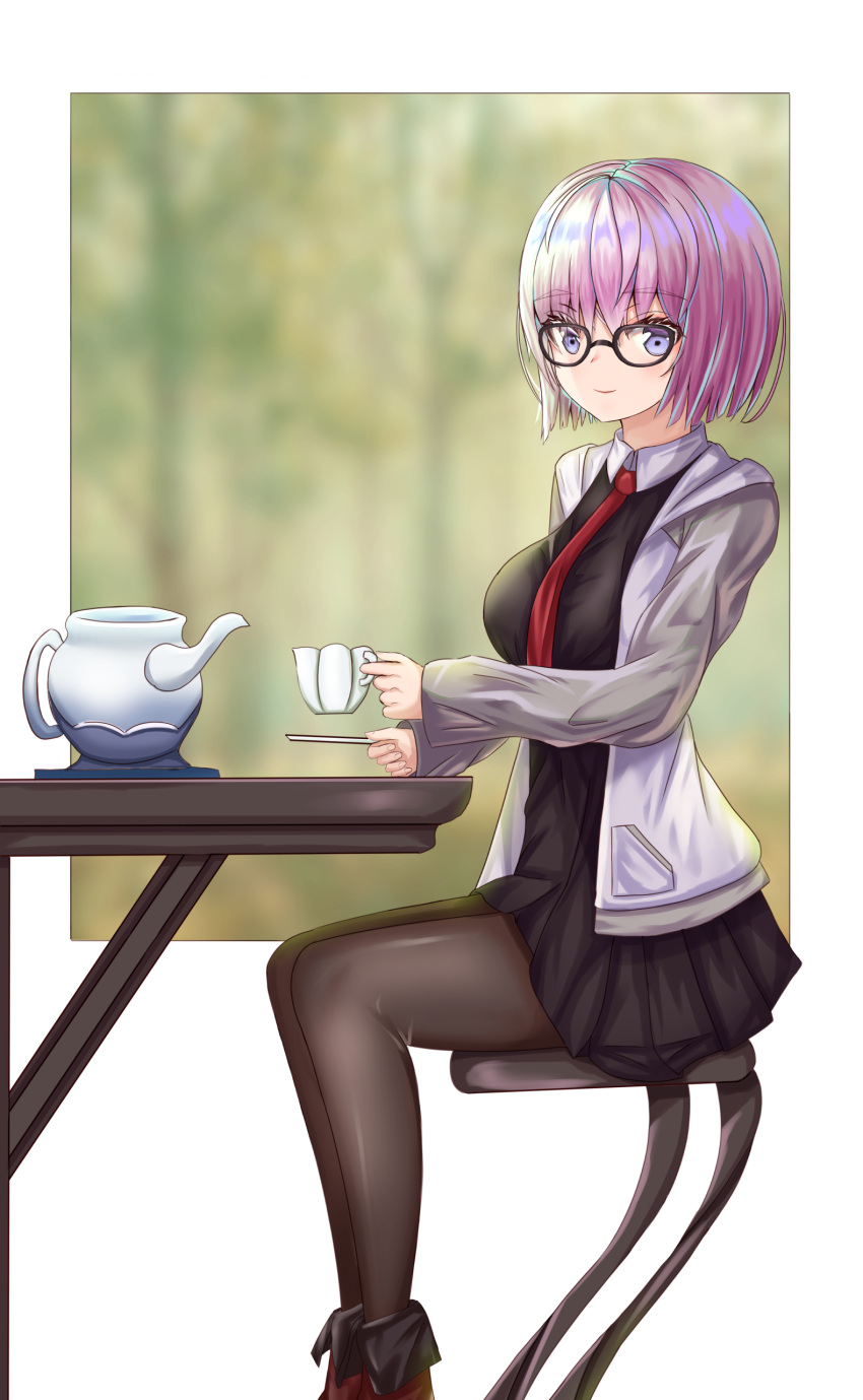 1girl absurdres black_legwear black_skirt blush breasts chair chaldea_uniform cup eyes_visible_through_hair fate/grand_order fate_(series) glasses hair_over_one_eye highres indoors jacket kettle kneehighs lavender_hair looking_at_viewer mash_kyrielight mug necktie pantyhose pleated_skirt pot purple_hair rino_rea shirt short_hair sitting skirt smile solo tea teacup thigh-highs violet_eyes window