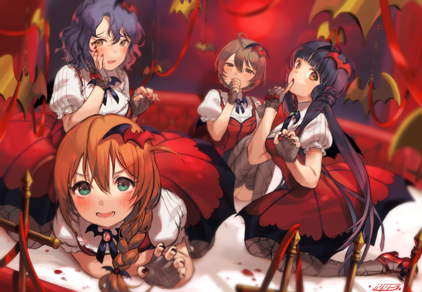 4girls absurdres ahoge aqua_eyes baba_konomi bat bat_hair_ornament black_hair black_legwear blue_hair blush braid brown_eyes brown_hair commentary_request finger_to_mouth fingerless_gloves gloves green_eyes hair_between_eyes hair_ornament hairpin hat highres huge_filesize idolmaster idolmaster_million_live! idolmaster_million_live!_theater_days kitakami_reika light_brown_hair long_hair looking_at_viewer low_twintails multiple_girls nys open_mouth patterned_clothing sakuramori_kaori short_hair side_braid single_braid smile spider_web_print thigh-highs toyokawa_fuuka twintails yellow_eyes