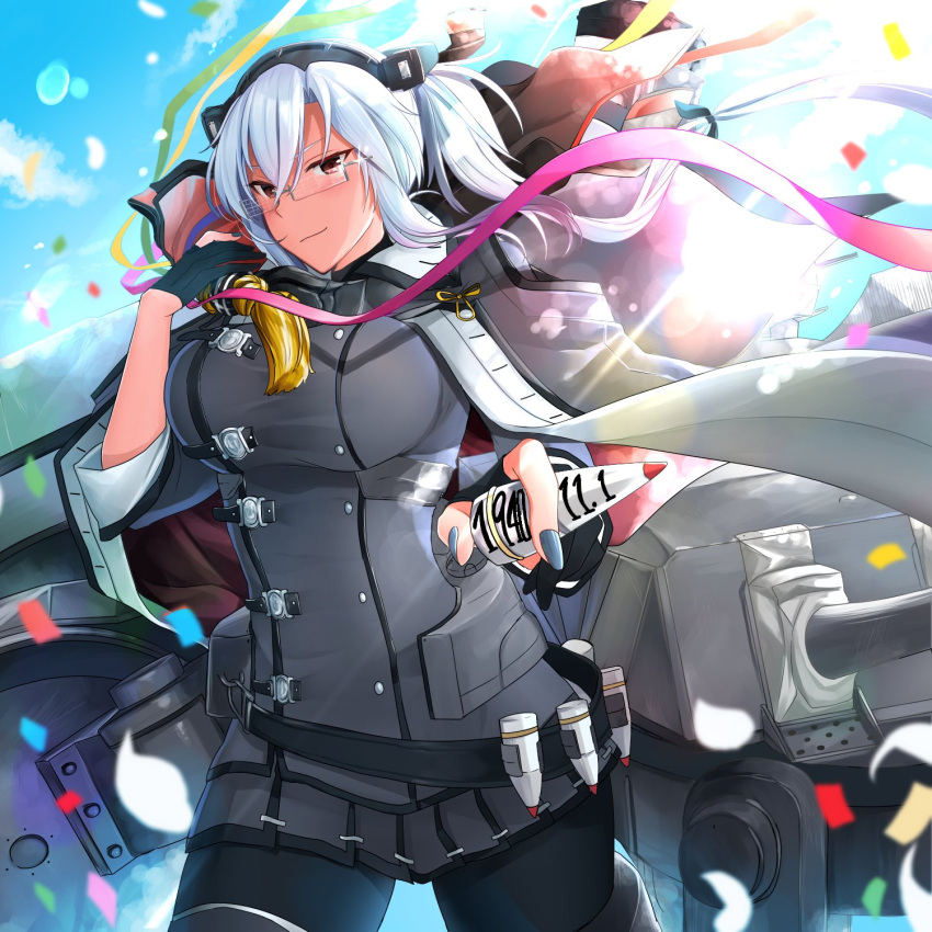 1girl black_legwear blue_sky blush breasts cannon cape cartridge clouds confetti dark_skin day double-breasted floating_hair glasses glint gloves grey_cape grey_jacket grey_nails hair_ribbon headgear highres holding jacket kantai_collection large_breasts light_particles long_hair machinery miniskirt musashi_(kantai_collection) outdoors partly_fingerless_gloves red_eyes remodel_(kantai_collection) ribbon rigging shell_casing skirt sky sleeve_cuffs smokestack standing turret twintails wind yunamaro