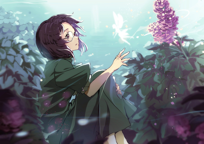1girl bangs blue_sky brown_hair contest day dewitri fairy fantasy flower glasses green_skirt hand_up highres leg_hug looking_to_the_side original outdoors parted_bangs plant short_hair short_sleeves silhouette sitting skirt sky solo