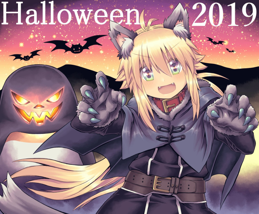 animal_ears antenna_hair bat bird blonde_hair halloween halloween_costume highres hijikata-san_(m.m) jack-o'-lantern koshirae_tsurugi long_hair m.m multicolored multicolored_eyes original penguin ponytail pumpkin sidelocks wolf_ears