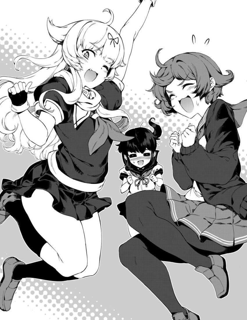 3girls =_= bacius closed_eyes commentary_request fang fubuki_(kantai_collection) greyscale hair_flaps hair_ornament hair_ribbon hairclip highres jacket jumping kantai_collection kneehighs loafers long_hair looking_at_viewer low_ponytail monochrome multiple_girls mutsuki_(kantai_collection) neckerchief one_eye_closed pantyhose pleated_skirt poi ponytail remodel_(kantai_collection) ribbon sailor_collar scarf school_uniform serafuku shoes short_hair short_ponytail sidelocks skirt smile yuudachi_(kantai_collection)