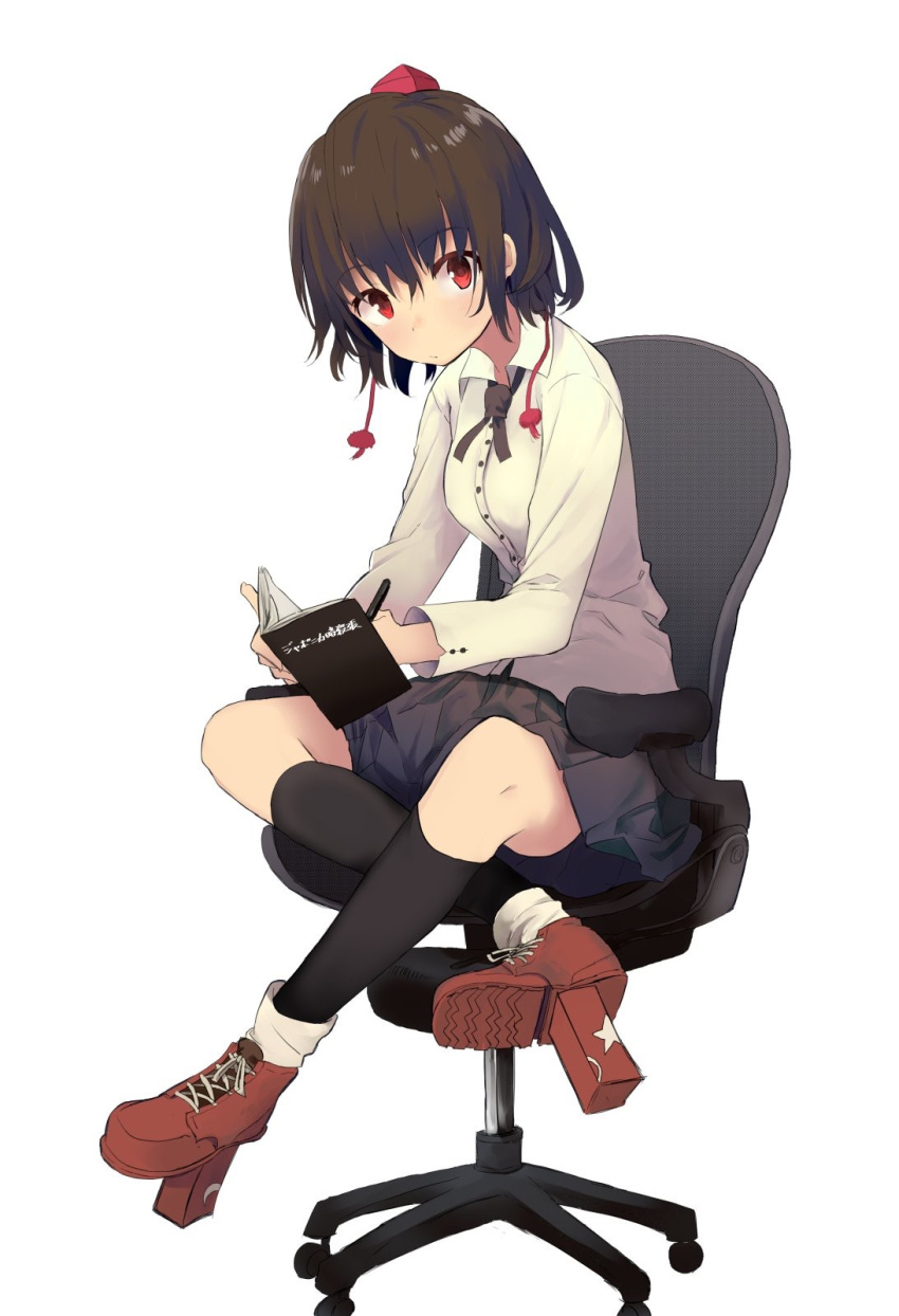 1girl bangs black_hair black_legwear black_neckwear black_skirt blush book chair closed_mouth collared_shirt commentary_request eyebrows_visible_through_hair full_body geta hat highres holding holding_book kneehighs long_sleeves looking_at_viewer mieharu office_chair on_chair open_book red_eyes red_footwear red_headwear shameimaru_aya shirt shoes short_hair simple_background sitting skirt sneakers solo tengu-geta tokin_hat touhou white_background white_shirt writing