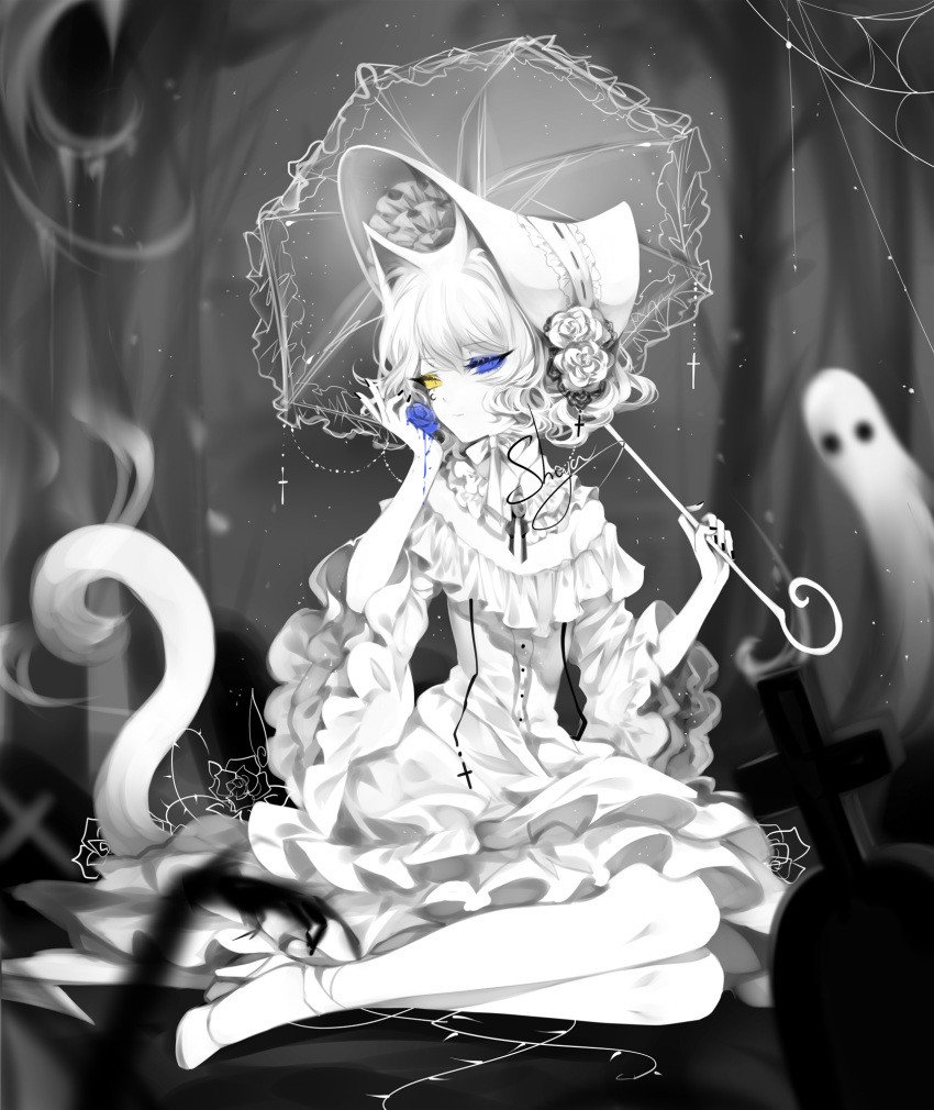 1girl animal_ears bangs blue_flower blue_rose blurry blurry_background blurry_foreground cat_ears cat_tail dress eyebrows_visible_through_hair flower frilled_dress frills ghost halloween hat heterochromia highres looking_at_viewer original parasol rose sheya short_hair signature sitting solo spot_color tail tombstone umbrella white_hair