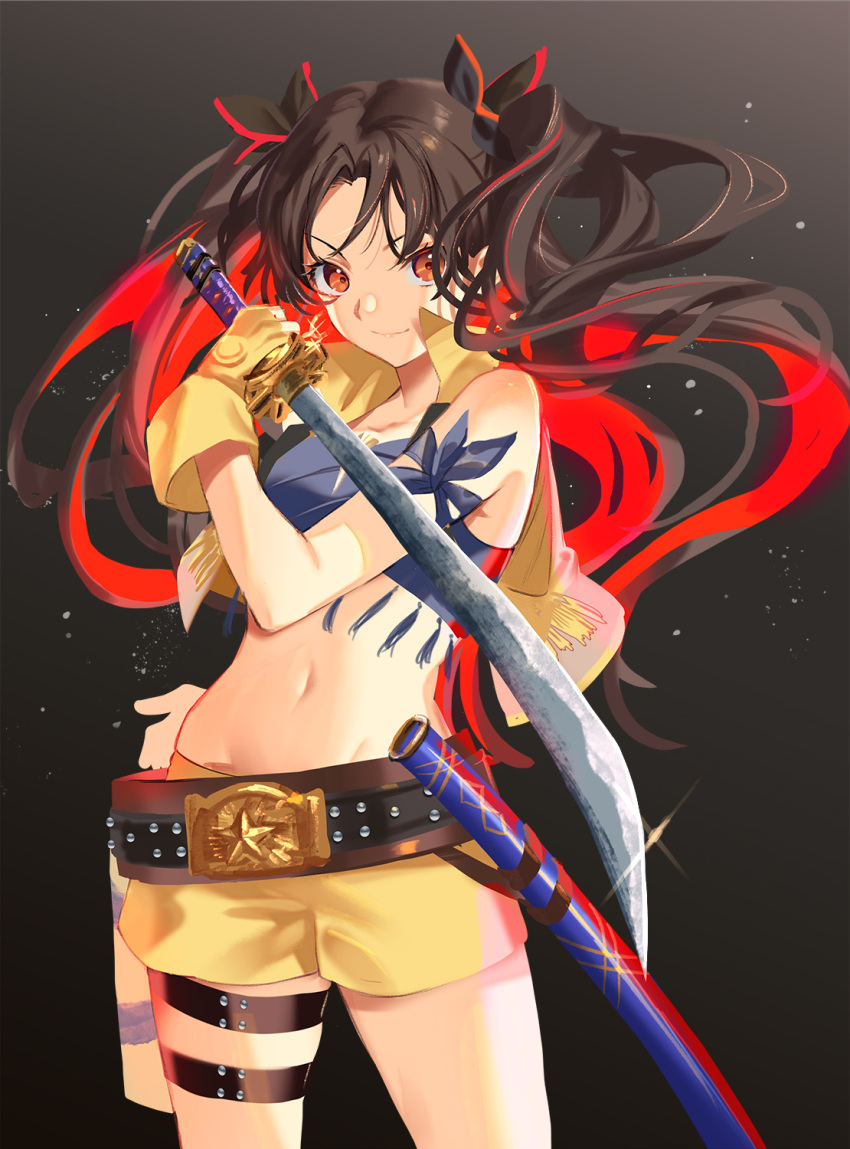 &gt;:) 1girl arm_strap bare_shoulders belt black_background black_hair black_ribbon crop_top fate/grand_order fate_(series) glint gloves hair_ribbon hamurekatsu highres holding holding_sword holding_weapon long_hair looking_at_viewer multicolored_hair navel open_clothes open_vest orange_eyes redhead ribbon sheath short_shorts shorts simple_background solo space_ishtar_(fate) stomach sword tassel thigh_strap twintails two-tone_hair unsheathed v-shaped_eyebrows very_long_hair vest weapon yellow_gloves yellow_shorts yellow_vest