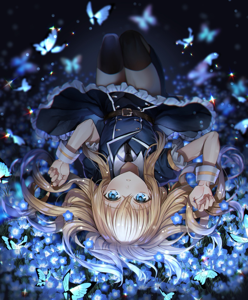 1boy abandon_ranka belt black_legwear blonde_hair blue_eyes blue_flower blurry blurry_background bug butterfly dress flower highres insect lying male_focus midare_toushirou necktie on_back otoko_no_ko parted_lips sparkle thigh-highs touken_ranbu