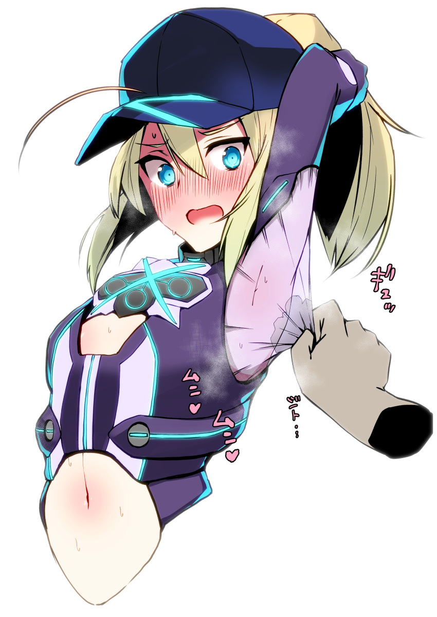 1girl absurdres ahoge arm_up armpits artoria_pendragon_(all) baseball_cap blonde_hair blue_eyes blue_headwear blush cleavage_cutout commentary_request cropped_torso disembodied_limb elbow_gloves fate/grand_order fate_(series) flat_chest full-face_blush gloves hat highres kobo_(cobo_0609) long_hair mysterious_heroine_x navel ponytail purple_gloves see-through simple_background solo_focus stained_clothes steaming_body sweat translation_request upper_body v-shaped_eyebrows white_background