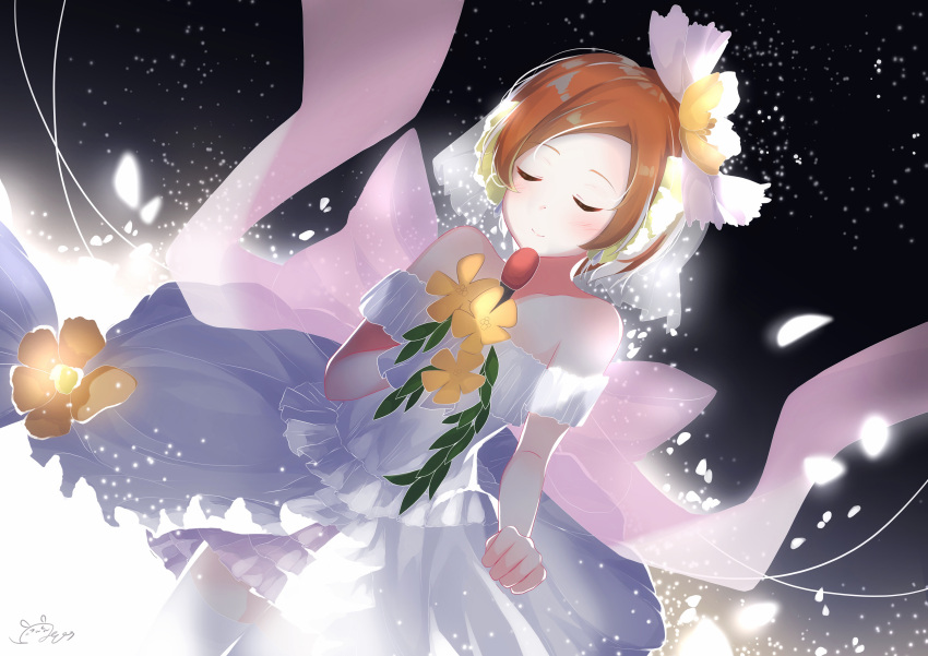 1girl bangs birthday bridal_veil closed_eyes commentary_request depe dress eyebrows_visible_through_hair flower frilled_dress frills hair_flower hair_ornament highres hoshizora_rin love_live! love_live!_school_idol_project love_wing_bell microphone off_shoulder orange_hair petals shiny shiny_hair short_hair signature solo veil wedding_dress