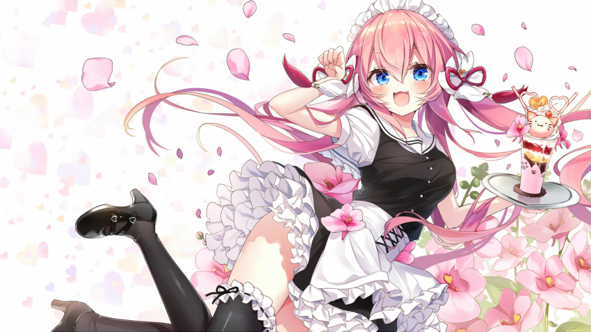 1girl :d alternate_costume apron black_dress black_footwear black_legwear blue_eyes corset diascia_(flower_knight_girl) dress emia_(castilla) enmaided floral_background flower flower_knight_girl frills hairband long_hair looking_at_viewer maid maid_headdress object_namesake open_mouth parfait paw_pose petals pink_hair sailor_collar shoes smile solo thigh-highs tray twintails white_apron white_hairband white_sailor_collar zettai_ryouiki