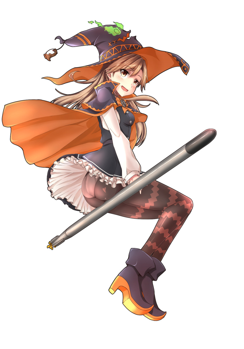 1girl arashio_(kantai_collection) ass black_cape black_dress black_legwear boots brown_eyes brown_hair cape dress frilled_dress frills from_below halloween halloween_costume hat high_heel_boots high_heels highres kantai_collection long_hair long_sleeves multicolored multicolored_cape multicolored_clothes orange_cape panties panties_under_pantyhose pantyhose pinafore_dress remodel_(kantai_collection) riding shirt sidesaddle sleeveless sleeveless_dress solo striped striped_legwear torpedo tr-6 underwear white_panties white_shirt witch witch_hat