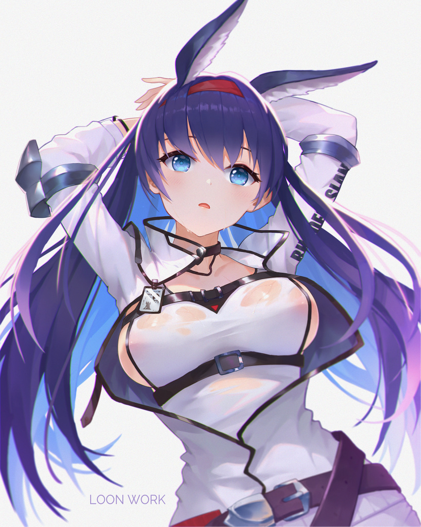 1girl animal_ears arknights armlet arms_behind_back arms_up bangs belt belt_buckle blaze_(arknights) blue_eyes blue_hair blurry blush breasts buckle competition_swimsuit depth_of_field grey_background hairband highres jacket long_hair long_sleeves looking_at_viewer medium_breasts multicolored_hair one-piece_swimsuit oo92248226 open_clothes open_jacket parted_lips purple_hair red_hairband sideboob simple_background solo swimsuit swimsuit_under_clothes two-tone_hair underbust upper_body white_jacket white_swimsuit