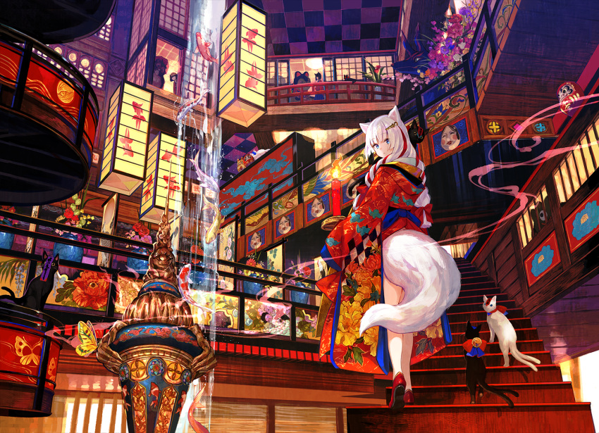 3girls animal animal_ears bare_legs bell blue_eyes bug butterfly candle cat checkered colorful daruma_doll fish flats floral_print fox_ears fox_girl fox_tail fuji_choko hair_ornament hairclip indoors insect japanese_clothes jingle_bell kimono koi lantern long_hair long_sleeves looking_at_viewer looking_back multicolored_hair multiple_girls noh_mask obi ofuda original paper_lantern print_kimono red_footwear red_kimono redhead sash solo_focus stairs tail two-tone_hair walking water waterfall white_hair wide_shot wide_sleeves