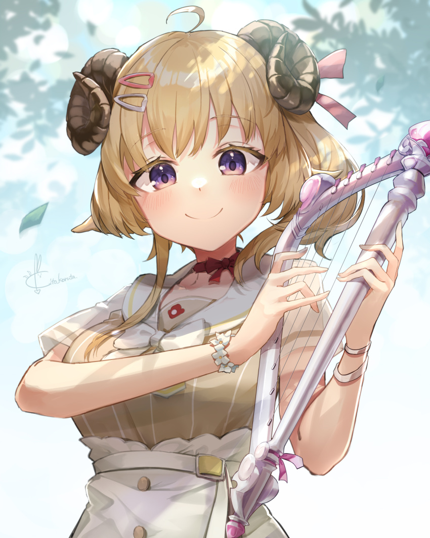 1girl absurdres ahoge animal_ears apron bangs blonde_hair blush bow breasts brown_dress choker closed_mouth commentary_request dress eyebrows_visible_through_hair hair_ornament hair_ribbon hairpin hands_up harp highres holding holding_instrument hololive horns instrument kito_koruta large_breasts leaf long_hair looking_at_viewer music pink_ribbon playing_instrument red_choker ribbon sailor_collar sheep_ears sheep_girl sheep_horns short_hair signature smile solo tsunomaki_watame upper_body violet_eyes virtual_youtuber white_apron white_bow white_sailor_collar wristband