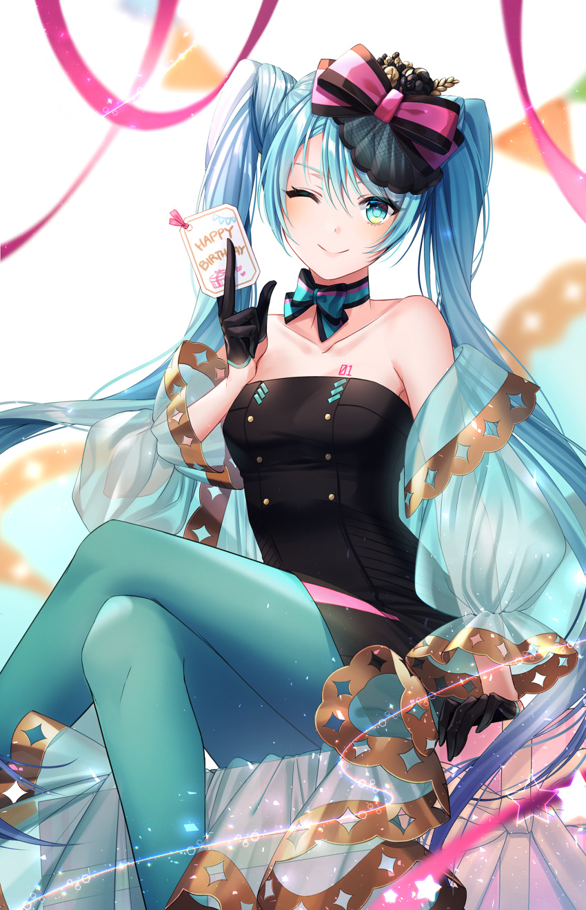 1girl ;) arm_support black_gloves blue_eyes blue_hair blue_legwear blue_sleeves blurry_foreground bow breasts card crossed_legs detached_sleeves gloves hair_bow half_gloves hatsune_miku highres holding holding_card kiwi_(pixiv6429539) long_hair long_sleeves looking_at_viewer medium_breasts one_eye_closed pantyhose see-through shiny shiny_hair sitting smile solo strapless striped striped_bow twintails very_long_hair vocaloid