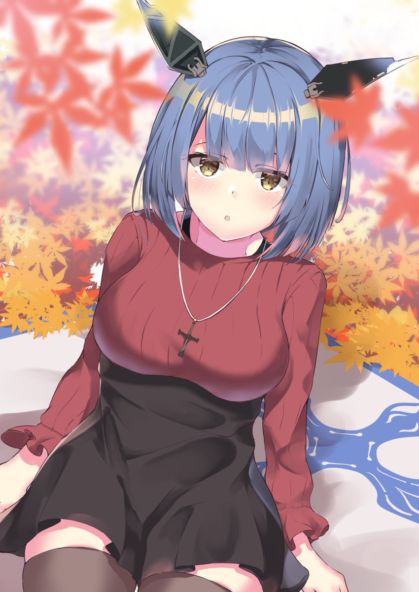 1girl absurdres antennae autumn_leaves azur_lane blue_hair blurry_foreground blush casual cross cross_necklace dress frilled_sleeves frills gascogne_(azur_lane) hair_ornament highlights highres jewelry k-doku looking_at_viewer multicolored_hair necklace open_mouth short_hair sitting solo sweater sweater_dress thigh-highs yellow_eyes