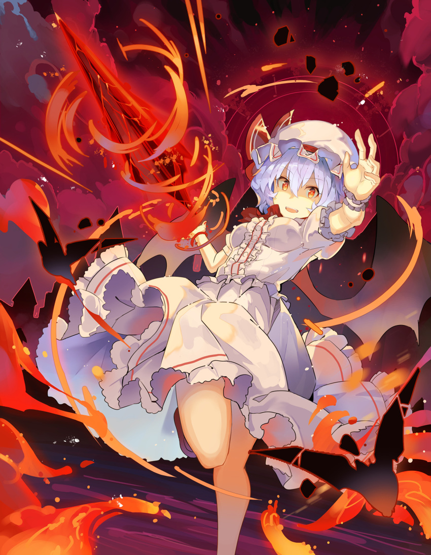 1girl :d bangs blue_hair breasts commentary_request dress energy eyebrows_visible_through_hair feet_out_of_frame hair_between_eyes hat hat_ribbon highres looking_at_viewer medium_breasts mob_cap open_mouth puffy_short_sleeves puffy_sleeves red_eyes red_ribbon remilia_scarlet ribbon rin_falcon shaded_face short_hair short_sleeves smile solo spear_the_gungnir standing standing_on_one_leg thighs touhou white_dress white_headwear wrist_cuffs