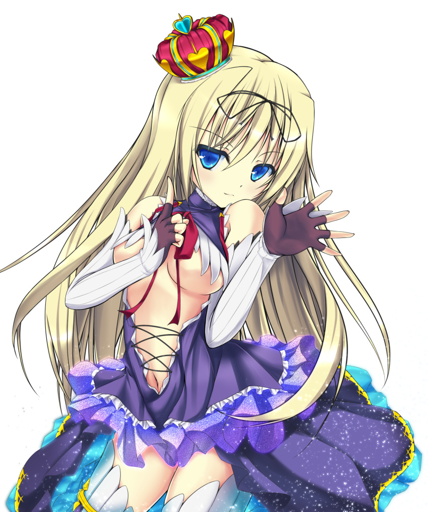 1girl arm_warmers black_gloves black_ribbon blonde_hair blue_eyes breasts cornelia_(sennen_sensou_aigis) crown fingerless_gloves gloves hair_ribbon highres long_hair looking_at_viewer medium_breasts navel purple_skirt red_ribbon ribbon sennen_sensou_aigis skirt solo standing thigh-highs tilted_headwear usa_shouya white_background