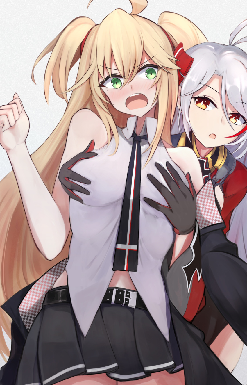 2girls :o admiral_hipper_(azur_lane) admiral_hipper_(muse)_(azur_lane) ahoge antenna_hair azur_lane bare_arms bare_shoulders belt black_gloves black_jacket black_neckwear black_skirt blonde_hair bow breast_grab breasts collared_shirt cowboy_shot embarrassed gloves grabbing grabbing_from_behind green_eyes hair_bow hand_up highres idol jacket long_hair long_sleeves looking_at_viewer marshall2033 medium_breasts miniskirt mole mole_under_eye multicolored_hair multiple_girls necktie open_mouth orange_eyes pleated_skirt prinz_eugen_(azur_lane) shirt simple_background skirt sleeveless sleeveless_shirt streaked_hair two_side_up v-shaped_eyebrows white_background white_hair white_shirt