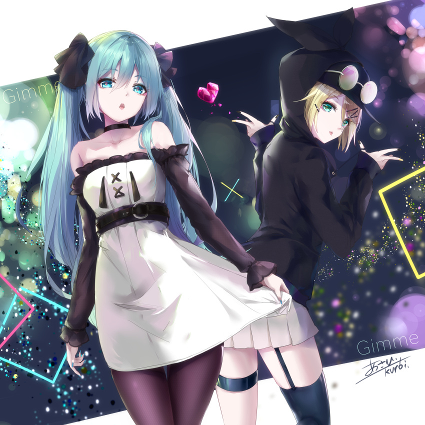 2girls aqua_eyes aqua_hair aqua_nails bangs baseball_cap black_bow black_headwear black_hoodie black_nails blonde_hair blurry bokeh bow collar collarbone commentary cowboy_shot depth_of_field double_w dress dutch_angle eyeshadow eyewear_on_head frilled_dress frills from_below gimmexgimme_(vocaloid) glasses green_eyes hair_bow hair_ornament hair_ribbon hairclip hat hatsune_miku heart highres holding_dress hood hoodie k.syo.e+ kagamine_rin leaning_forward long_hair looking_at_viewer looking_back makeup multiple_girls nail_polish neon_lights pantyhose parted_lips ribbon shoulder_tattoo signature skirt square strapless strapless_dress swept_bangs tattoo thigh_strap twintails very_long_hair vocaloid w white_dress white_skirt