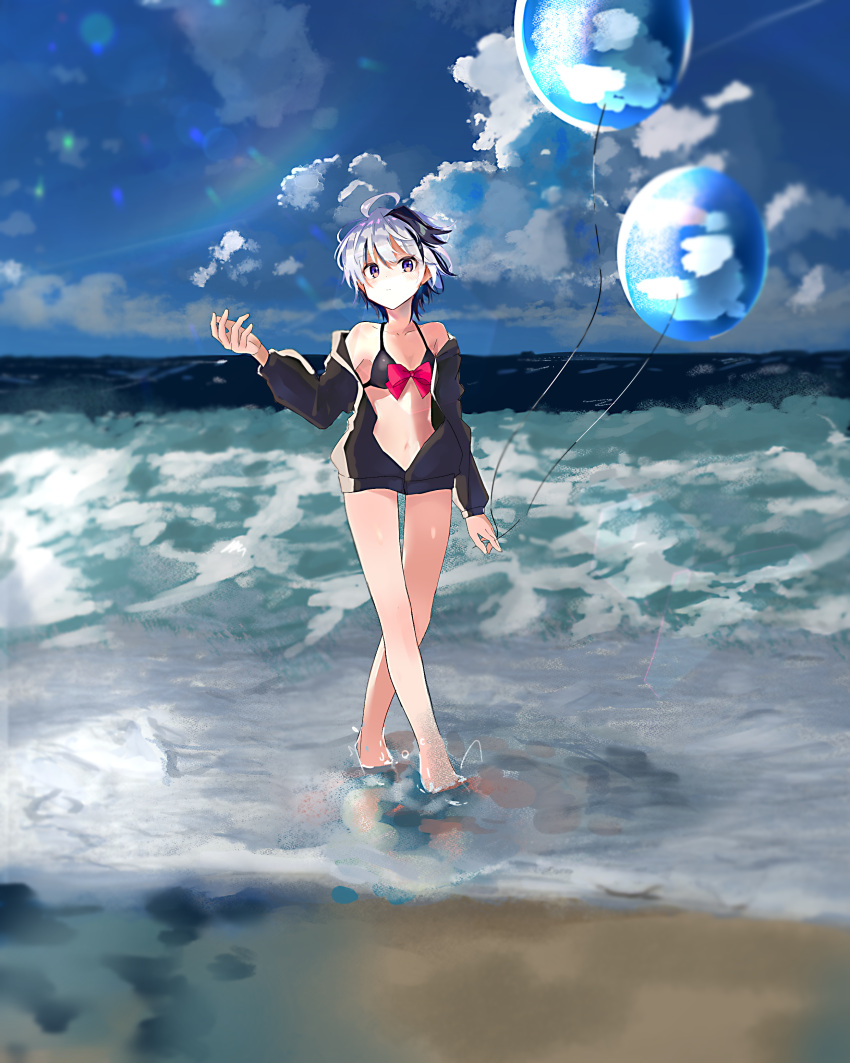 1girl absurdres ahoge balloon barefoot beach bikini black_bikini black_jacket blue_sky bow bowtie clouds cloudy_sky collarbone commentary expressionless flower_(vocaloid) full_body hand_up head_tilt highres holding_balloon jacket lens_flare looking_at_viewer multicolored_hair navel note55885 ocean outdoors purple_hair rainbow red_neckwear sky solo streaked_hair swimsuit v_flower_(vocaloid4) violet_eyes vocaloid walking waves white_hair