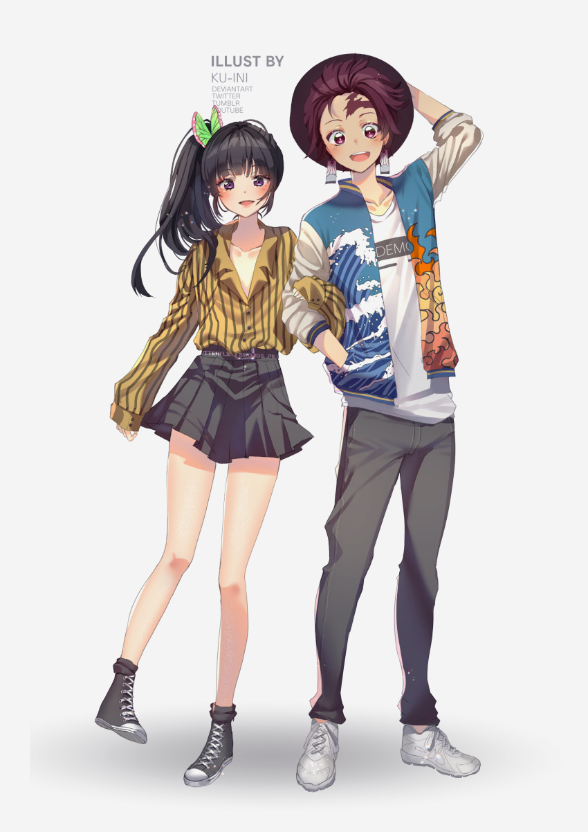 1boy 1girl :d alternate_costume artist_name black_footwear black_hair black_pants black_skirt blush brown_eyes brown_hair burn_scar butterfly_hair_ornament contemporary earrings english_commentary facial_scar forehead_scar hair_ornament hanafuda hand_in_pocket hand_on_headwear hat highres jacket jewelry kamado_tanjirou kimetsu_no_yaiba kuini locked_arms long_hair open_clothes open_jacket open_mouth pants scar shirt shoes side_ponytail skirt sleeves_past_wrists smile sneakers striped striped_shirt tsuyuri_kanao violet_eyes white_background white_footwear white_shirt yellow_shirt
