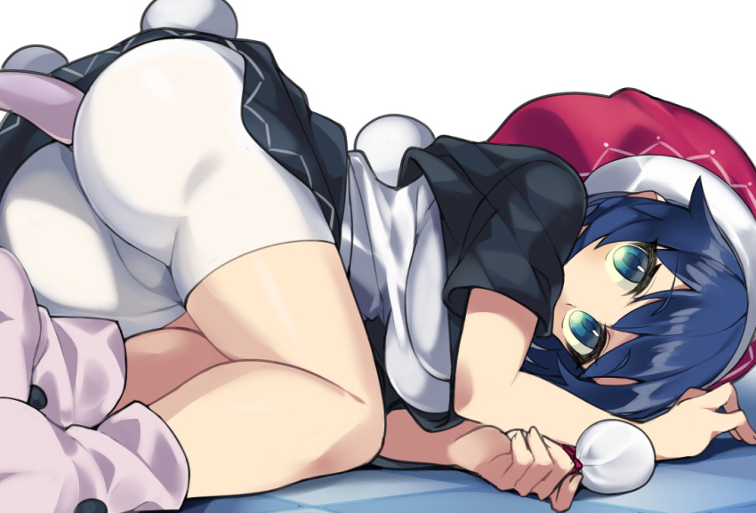 1girl all_fours arm_rest arm_support ass bare_arms bare_legs bike_shorts blue_eyes blue_hair breasts covered_mouth crop_top cropped_shirt doremy_sweet hat impossible_clothes impossible_shorts large_breasts looking_at_viewer miniskirt nightcap pink_footwear pom_pom_(clothes) sakaki_(utigi) shirt short_sleeves shorts shorts_under_skirt skirt solo tail tapir_tail touhou white_shorts