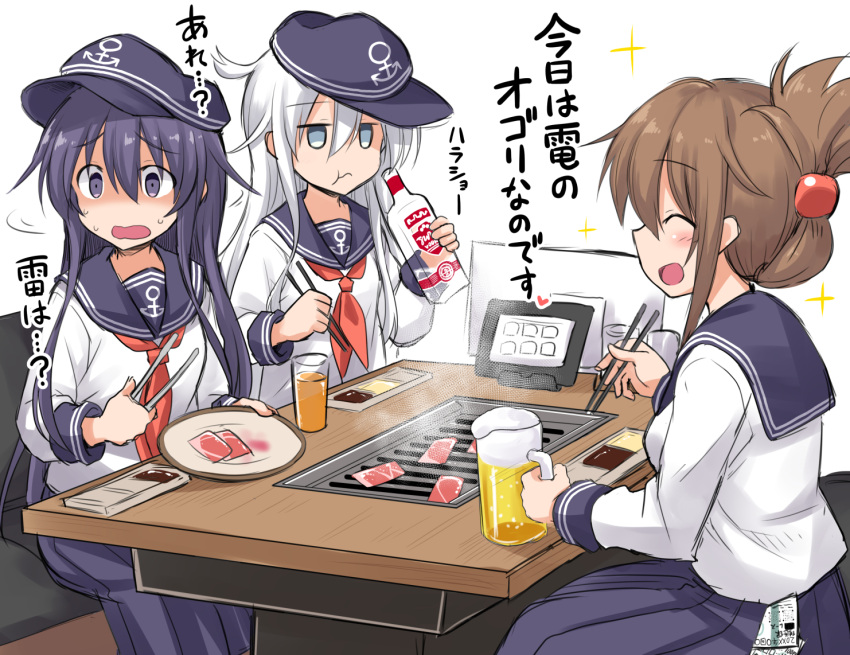 3girls akatsuki_(kantai_collection) alcohol anchor anchor_symbol beer beer_mug brown_hair chopsticks closed_eyes commentary_request cup drink eyebrows_visible_through_hair flat_cap folded_ponytail food hat heart hibiki_(kantai_collection) holding holding_chopsticks inazuma_(kantai_collection) indoors kantai_collection kokutou_nikke long_hair long_sleeves meat multiple_girls neckerchief open_mouth plate ponytail purple_hair red_neckwear sailor_collar school_uniform serafuku shaded_face silver_hair sitting skirt sparkle sweat translated vodka