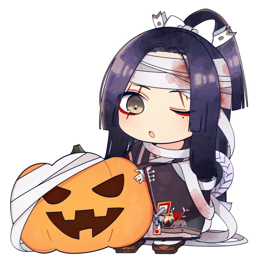 bandaged_hands bandaged_head bandages bangs black_kimono bow brown_eyes brown_footwear chibi commentary_request copyright_request full_body geta hair_bow halloween high_ponytail highres jack-o'-lantern japanese_clothes kimono long_hair long_sleeves mole mole_under_eye one_eye_closed parted_bangs parted_lips ponytail purple_hair sidelocks simple_background sleeves_past_wrists sofra solo standing very_long_hair white_background white_bow wide_sleeves