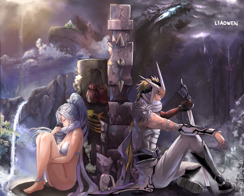 1boy 1girl absurdres anklet armlet artist_name bikini blonde_hair blue_eyes boxing_gloves bracer brown_gloves clouds commission day dragon dungeon_and_fighter elbow_gloves gloves headband headpiece highres huge_filesize jewelry knee_up knees_up leg_hug liaowen long_hair outdoors pillar ponytail profile rabbit scarf sitting swimsuit sword tower very_long_hair water waterfall weapon white_bikini