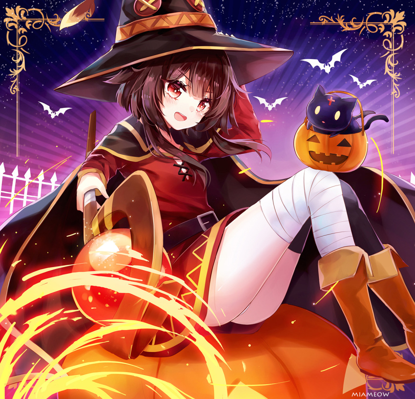 1girl artist_name bandaged_leg bandages bat belt black_headwear black_legwear blank_eyes blush boots breasts brown_footwear brown_hair bucket cat chomusuke cloak cross dress foreshortening full_body halloween hand_on_headwear hat highres jack-o'-lantern kono_subarashii_sekai_ni_shukufuku_wo! leather leather_boots long_sleeves looking_at_viewer m-musume_(catbagel) magic medium_hair megumin open_mouth red_eyes short_dress sidelocks single_thighhigh small_breasts staff thigh-highs thighs witch_hat