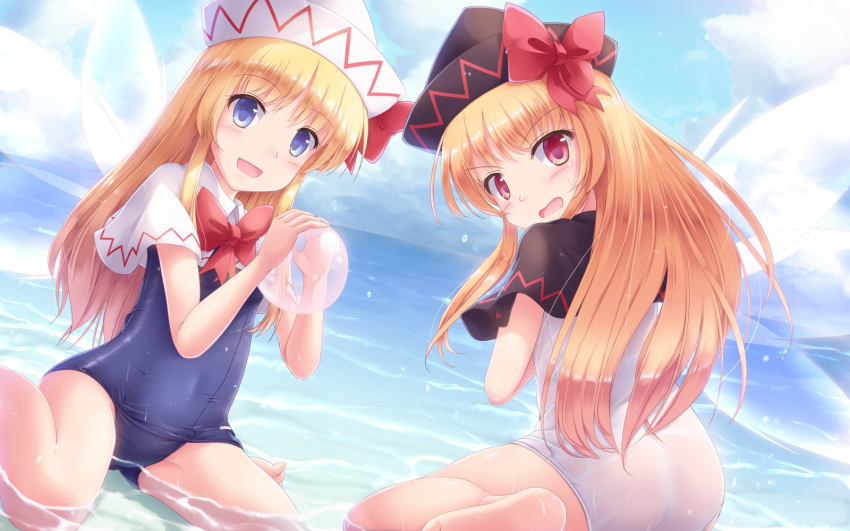 2girls :d black_capelet black_headwear black_school_swimsuit blonde_hair blue_eyes blue_sky blush bow bowtie capelet clouds commentary_request day dutch_angle eyebrows_visible_through_hair fairy_wings hat hat_bow highres lily_black lily_white long_hair looking_at_viewer lzh multiple_girls open_mouth outdoors red_bow red_eyes school_swimsuit sitting sky smile swimsuit touhou v-shaped_eyebrows water white_capelet white_headwear white_school_swimsuit white_swimsuit wings