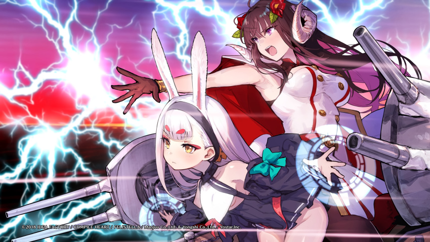 2girls animal_ears armpits azur_lane bangs bare_shoulders breasts brown_eyes brown_hair dress eyebrows_visible_through_hair flower gloves hairband highres horns large_breasts long_hair long_sleeves mephist-pheles multiple_girls official_art rabbit_ears red_flower shimakaze_(azur_lane) skirt small_breasts suruga_(azur_lane) very_long_hair violet_eyes watermark white_hair