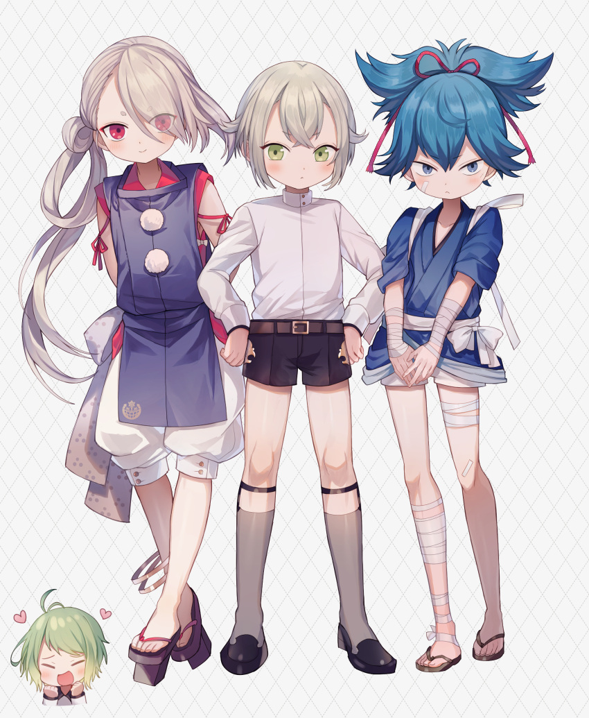 4boys abandon_ranka absurdres ahoge belt blue_eyes blue_hair clenched_hands closed_eyes eyes_visible_through_hair garters geta green_eyes green_hair grey_legwear hair_bun hair_over_one_eye heart highres hotarumaru ima-no-tsurugi japanese_clothes kneehighs long_hair male_focus mouri_toushirou multiple_boys ponytail red_eyes sandals sayo_samonji shorts smile sock_garters tengu-geta touken_ranbu very_long_hair white_hair