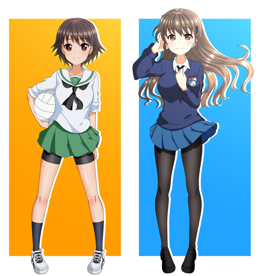 2girls alternate_hairstyle arm_behind_back ball bangs black_footwear black_legwear black_neckwear blouse blue_background blue_skirt blue_sweater blush braid brown_eyes brown_hair closed_mouth commentary dress_shirt emblem eyebrows_visible_through_hair girls_und_panzer green_skirt hair_ornament hair_over_shoulder hairclip hand_in_hair hand_on_own_chest highres holding holding_ball isobe_noriko loafers long_hair long_sleeves looking_at_viewer miniskirt multiple_girls neckerchief necktie ooarai_school_uniform outside_border pantyhose pleated_skirt rukuriri school_uniform serafuku shirt shoes short_hair shorts shorts_under_skirt silhouette single_braid skirt sleeves_rolled_up smile sneakers socks st._gloriana's_(emblem) st._gloriana's_school_uniform standing sweater tanutika v-neck volleyball white_blouse white_footwear white_shirt wind wing_collar yellow_background