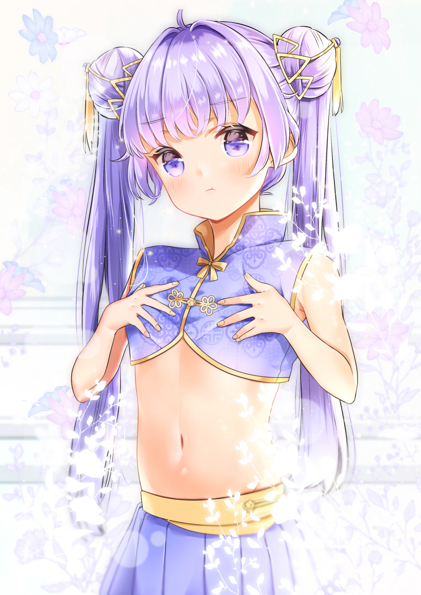 1girl :t absurdres ahoge bangs bare_arms bare_shoulders blue_flower blue_shirt blue_skirt blush bow closed_mouth commentary_request crop_top double_bun eyebrows_visible_through_hair flower hair_intakes hair_ornament hands_on_own_chest hands_up highres ktmzlsy720 long_hair looking_at_viewer midriff navel original pleated_skirt pout purple_flower purple_hair shirt skirt sleeveless sleeveless_shirt solo twintails very_long_hair violet_eyes white_flower yellow_bow