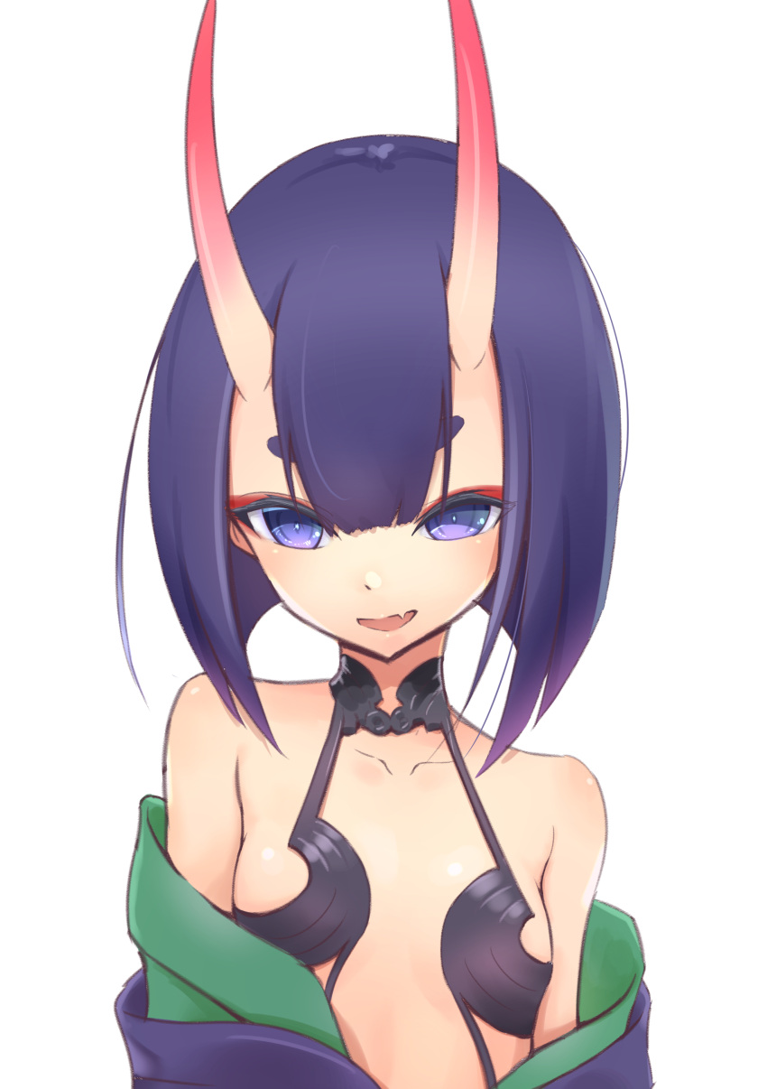 1girl absurdres bare_shoulders fang fate/grand_order fate_(series) flat_chest highres horns looking_at_viewer oniku_(pixiv_28205308) open_mouth purple_hair short_hair shuten_douji_(fate/grand_order) simple_background solo upper_body violet_eyes white_background