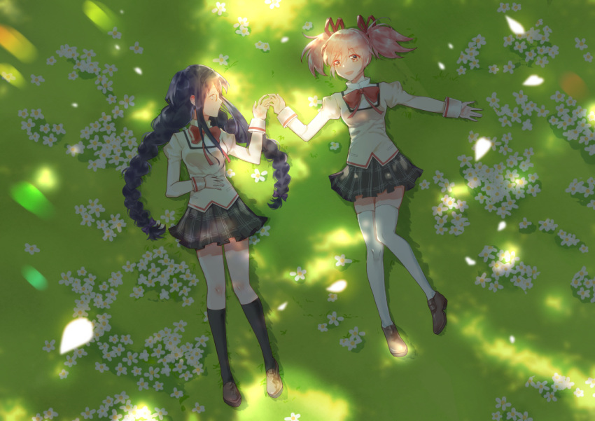 2girls :d akemi_homura black_hair black_hairband black_legwear black_skirt blurry blurry_foreground bokeh braid breasts daisy dappled_sunlight day depth_of_field eyebrows_visible_through_hair field flower flower_field from_above full_body glasses grass hair_between_eyes hair_ribbon hairband hand_on_own_stomach hand_rest happy holding_hands interlocked_fingers kaname_madoka loafers long_hair long_sleeves looking_at_another lying mahou_shoujo_madoka_magica medium_breasts mitakihara_school_uniform multiple_girls nature on_back on_floor open_mouth outdoors outstretched_hand pink_eyes pink_hair plaid plaid_skirt pleated_skirt profile puffy_short_sleeves puffy_sleeves purple_ribbon red_ribbon ribbon school_uniform shadow shiny shiny_skin shoes short_sleeves short_twintails sidelocks skirt smile socks sunlight thigh-highs twin_braids twintails uniform very_long_hair white_flower white_legwear yan_er10 zettai_ryouiki