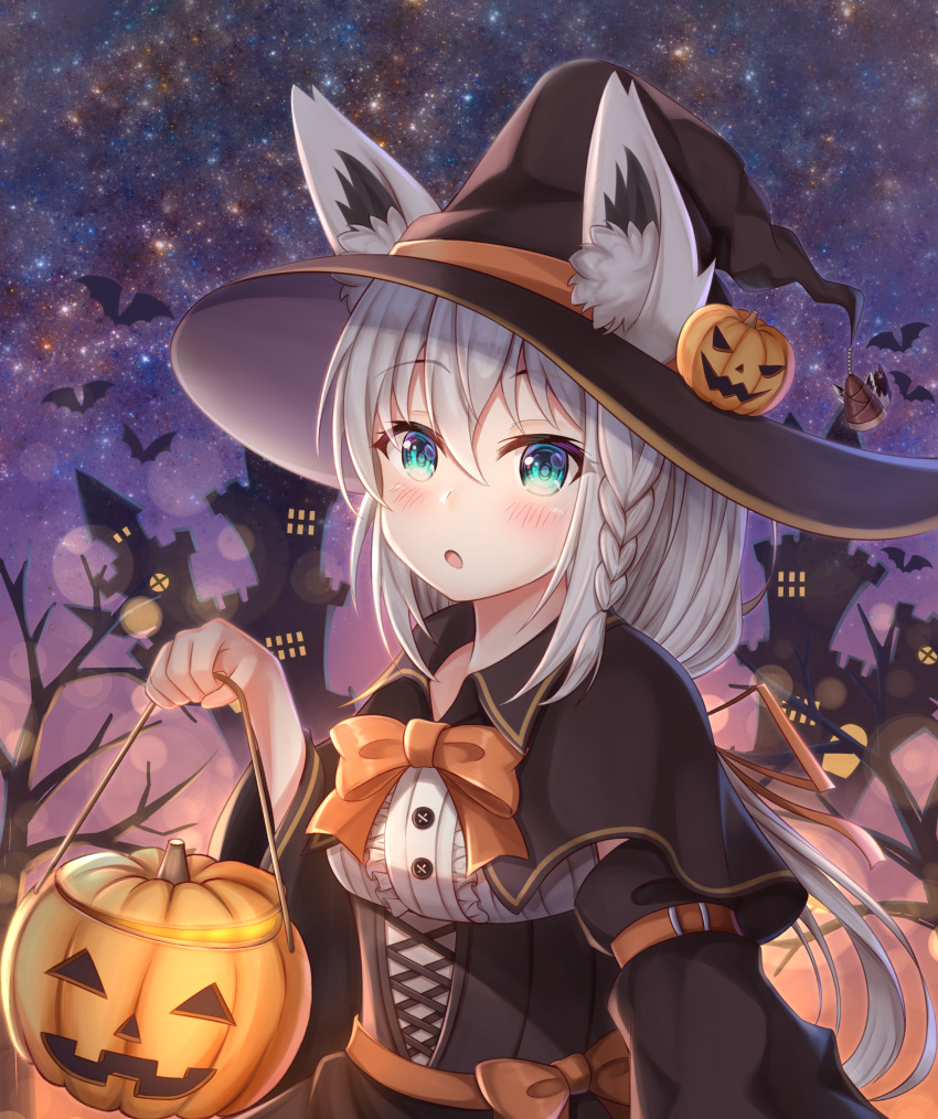 1girl absurdres animal_ear_fluff animal_ears bangs bare_tree black_capelet black_headwear blush bow braid breasts capelet castle center_frills commentary_request ears_through_headwear eyebrows_visible_through_hair fox_ears frills green_eyes hair_between_eyes halloween hand_up hat highres holding hololive huge_filesize jack-o'-lantern long_hair long_sleeves looking_at_viewer medium_breasts namekuji_ojiichan night night_sky orange_bow outdoors parted_lips shirakami_fubuki shirt side_braid silver_hair single_braid sky solo star_(sky) starry_sky tree upper_body virtual_youtuber white_shirt wide_sleeves witch_hat