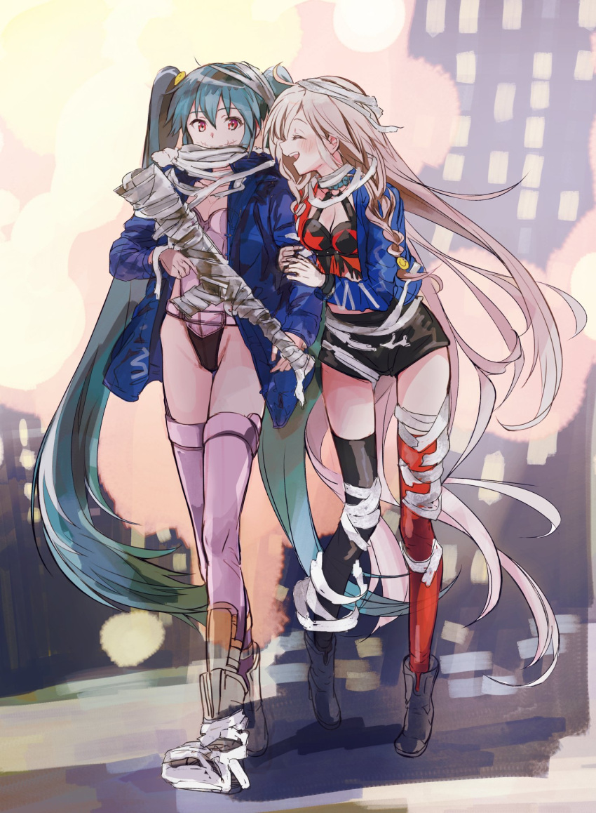 2girls andedalive aqua_hair bandaged_foot bandaged_leg bandages black_legwear black_shorts blue_jacket boots braid building closed_eyes commentary crop_top facial_tattoo gun hatsune_miku highres holding_arm ia_(vocaloid) jacket laughing leotard light_blush long_hair mismatched_legwear mouth_scar multiple_girls open_mouth outdoors pink_legwear pink_leotard platinum_blonde_hair red_eyes red_legwear short_shorts shorts skyscraper smile tattoo thigh-highs twintails very_long_hair vocaloid walking weapon