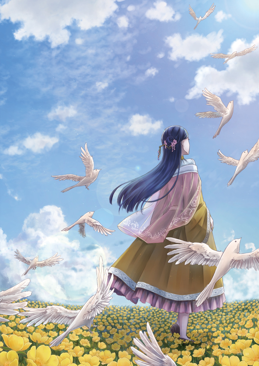 1girl absurdres animal bird blue_hair blue_sky clouds day dress facing_away field flock flower flower_field from_behind hair_flower hair_ornament hair_stick highres honzuki_no_gekokujou long_hair long_sleeves maine_(honzuki_no_gekokujou) nature off_shoulder older pantyhose scenery see-through seki_rice shawl shoes side_bun sky solo standing white_legwear wide_sleeves wind yellow_dress yellow_flower