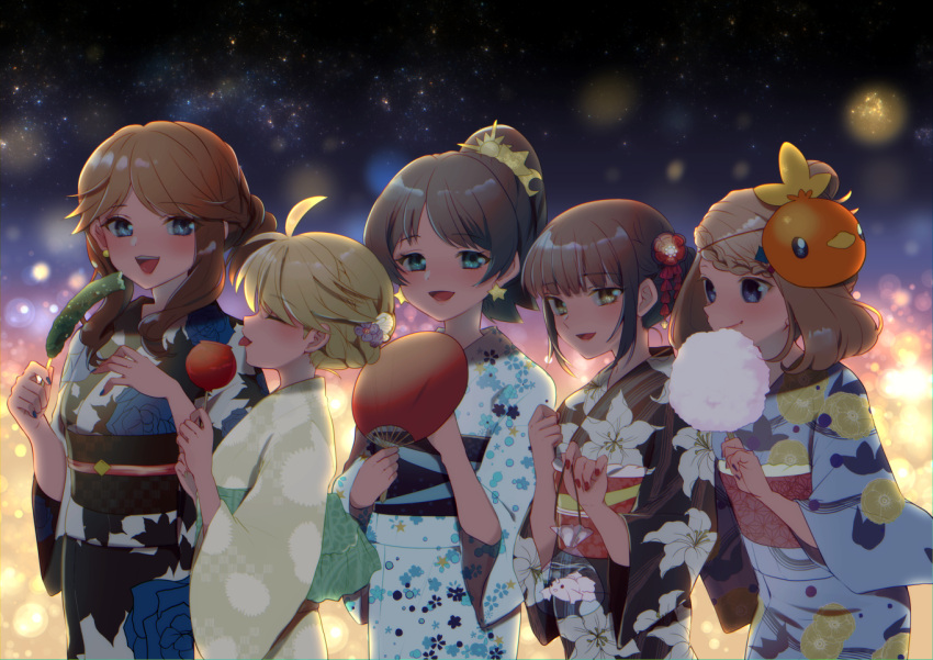 5girls :p ahoge alternate_hairstyle bag bagged_fish bangs blue_(pokemon) blue_eyes blue_nails braid brown_hair candy_apple closed_eyes cotton_candy cowboy_shot crescent crescent_hair_ornament crystal_(pokemon) cucumber diamond_(pokemon) earrings fan fish floral_print food gen_3_pokemon goldfish hair_ornament high_ponytail holding holding_fan japanese_clothes jewelry kanzashi kimono long_hair long_sleeves looking_at_viewer mask mask_on_head mokorei multiple_girls obi odamaki_sapphire paper_fan pokemon pokemon_special ponytail profile red_nails sash sky star star_(sky) star_earrings star_hair_ornament starry_sky sun_(symbol) sun_hair_ornament tied_hair tongue tongue_out torchic uchiwa yellow_(pokemon) yellow_eyes yukata