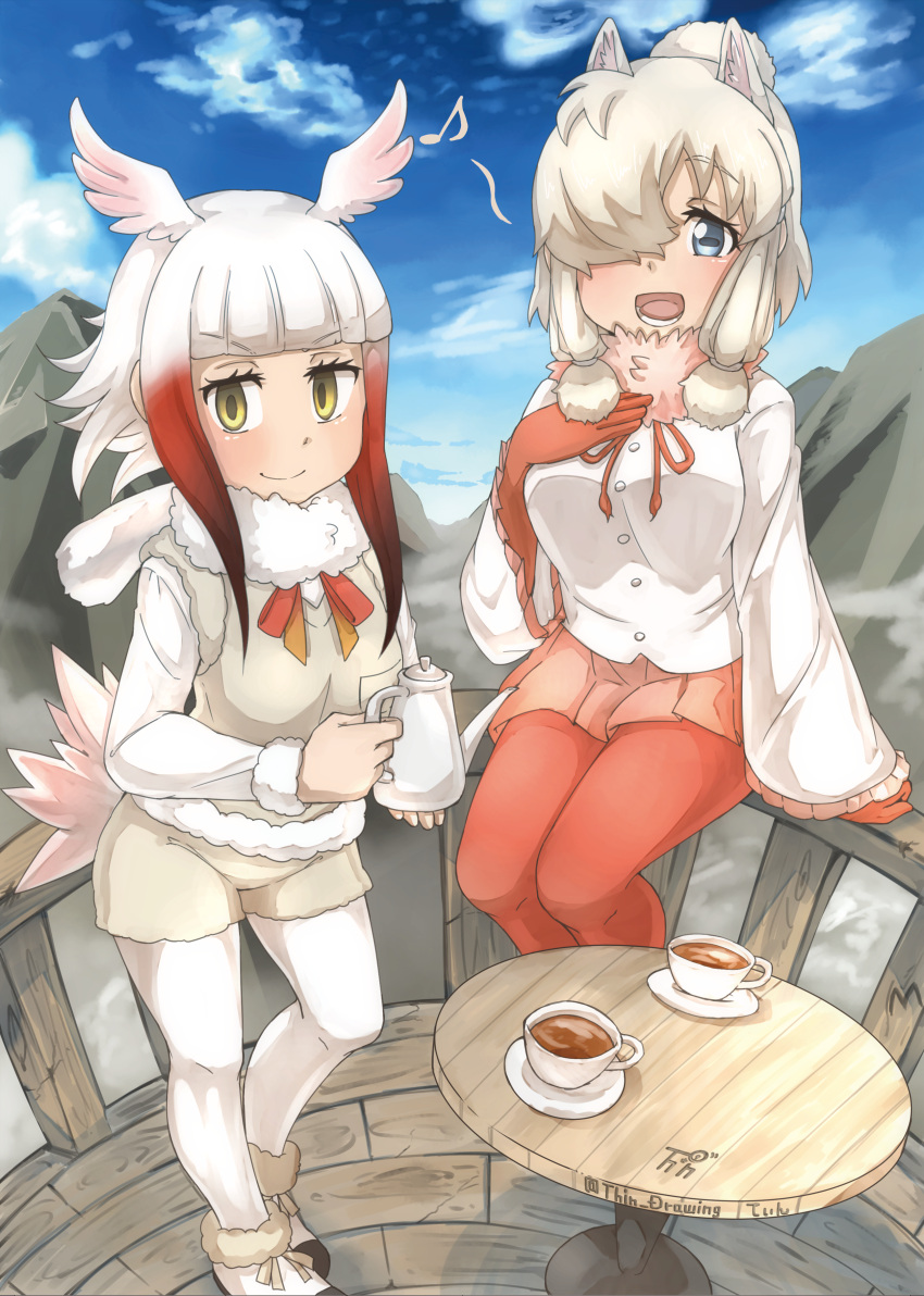 2girls :d absurdres alpaca_ears alpaca_suri_(kemono_friends) alpaca_suri_(kemono_friends)_(cosplay) animal_ears artist_logo bangs bird_tail bird_wings blonde_hair blue_eyes blue_sky blunt_bangs bodystocking breast_pocket buttons closed_mouth commentary_request cosplay costume_switch cup day eighth_note empty_eyes extra_ears eyebrows_visible_through_hair fisheye frilled_sleeves frills fur-trimmed_footwear fur-trimmed_sleeves fur_collar fur_scarf fur_trim gloves hair_bun hair_over_one_eye hand_on_own_chest hand_rest hand_up head_wings highres holding holding_teapot horizontal_pupils japanese_crested_ibis_(kemono_friends) japanese_crested_ibis_(kemono_friends)_(cosplay) kemono_friends long_hair long_sleeves looking_at_viewer medium_hair mountain mountainous_horizon multicolored_hair multiple_girls musical_note neck_ribbon open_mouth pantyhose platinum_blonde_hair pleated_skirt pocket railing red_gloves red_legwear redhead ribbon saucer scarf shirt shoes shorts sidelocks sitting skirt sky smile standing sweater_vest table teapot thin_(suzuneya) white_hair wide_sleeves wings yellow_eyes
