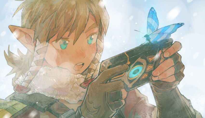 1boy animal blonde_hair blue_eyes blush brown_gloves bug butterfly elf eyebrows_visible_through_hair fingerless_gloves gloves holding insect lingcod_dayu link male_focus open_mouth outdoors pointy_ears snow snowing teeth the_legend_of_zelda the_legend_of_zelda:_breath_of_the_wild upper_teeth winter_clothes