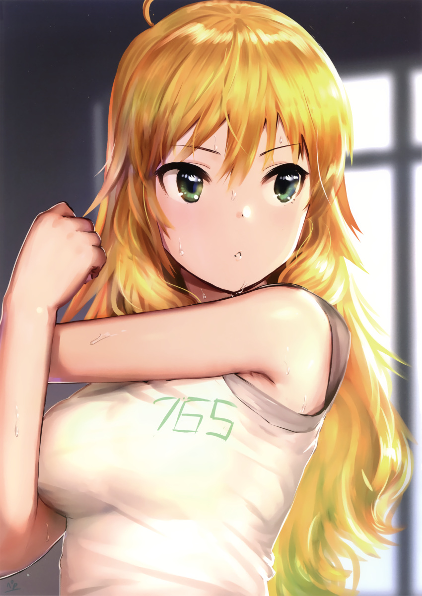 1girl absurdres arm_up blonde_hair breasts cropped green_eyes highres hoshii_miki idolmaster idolmaster_(classic) indoors long_hair looking_away medium_breasts parted_lips pettan_p scan shirt solo stretch sweat t-shirt upper_body