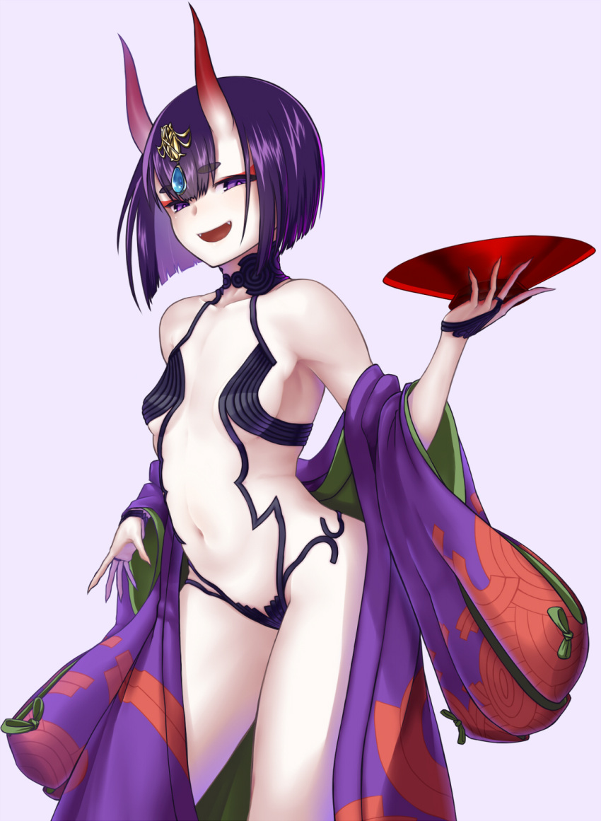 1girl bangs bare_shoulders blush bob_cut breasts bridal_gauntlets collarbone cup eyeliner fangs fate/grand_order fate_(series) haiiro_gundan headpiece highres horns japanese_clothes kimono long_sleeves looking_at_viewer makeup off_shoulder oni oni_horns open_clothes open_kimono open_mouth purple_hair purple_kimono revealing_clothes sakazuki short_eyebrows short_hair shuten_douji_(fate/grand_order) simple_background small_breasts smile solo thighs violet_eyes white_background wide_sleeves